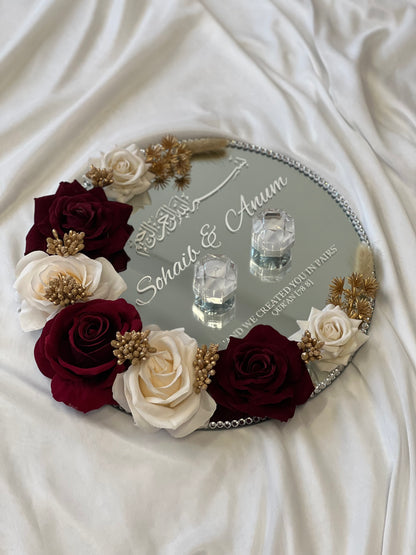 Round mirror wedding ring plate with floral decor