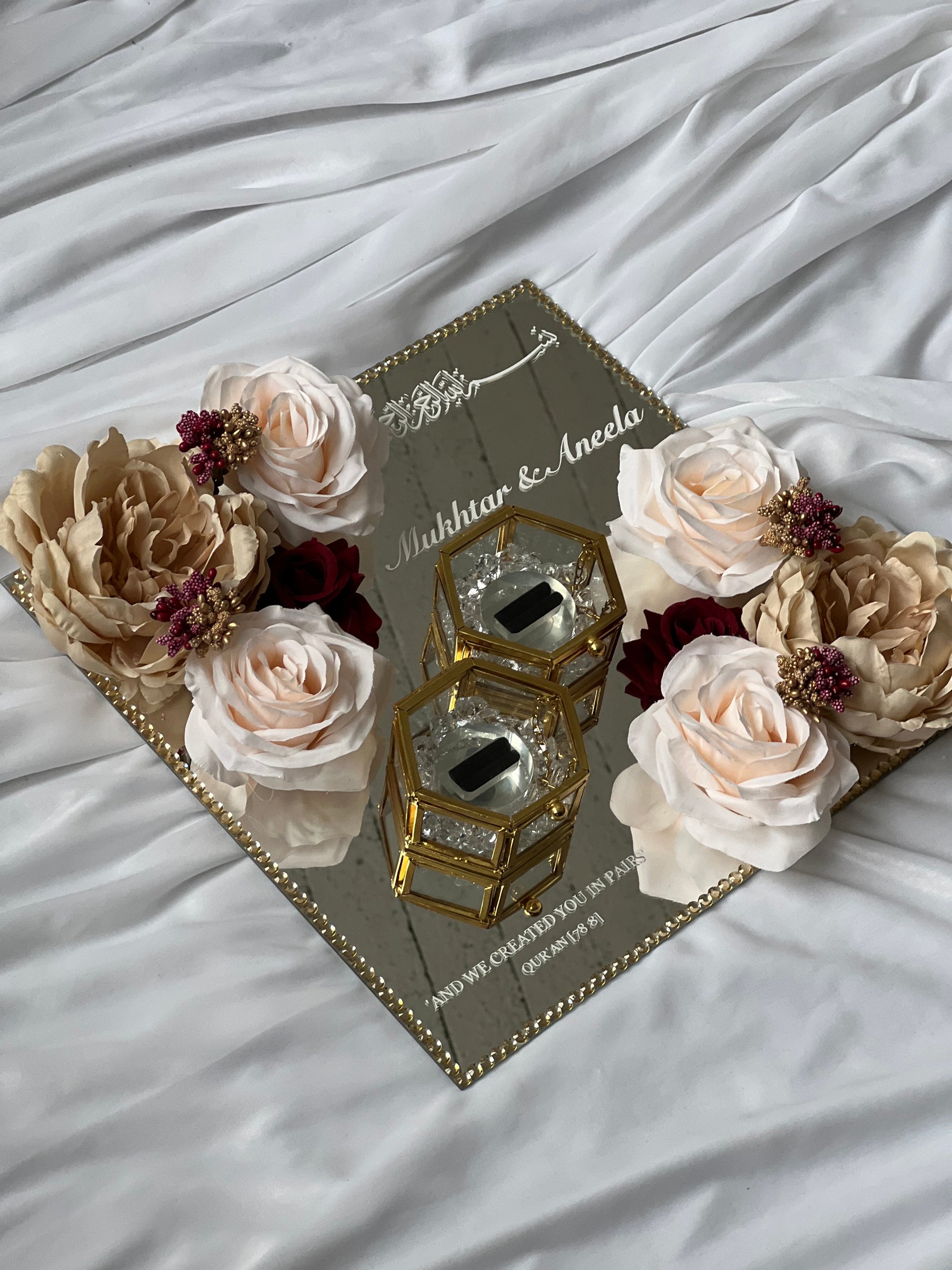 Modern square wedding ring plate with floral decor